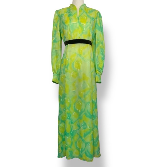 Vintage Dresses & Skirts - Vintage 70s Dress Green Yellow Maxi Chiffon Long Longsleeve Gown‎ Size Medium